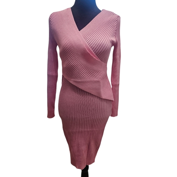 NWT Tam Ware Surplice Wrap Bodycon Knit Midi Dress Pink Medium - Picture 3 of 6